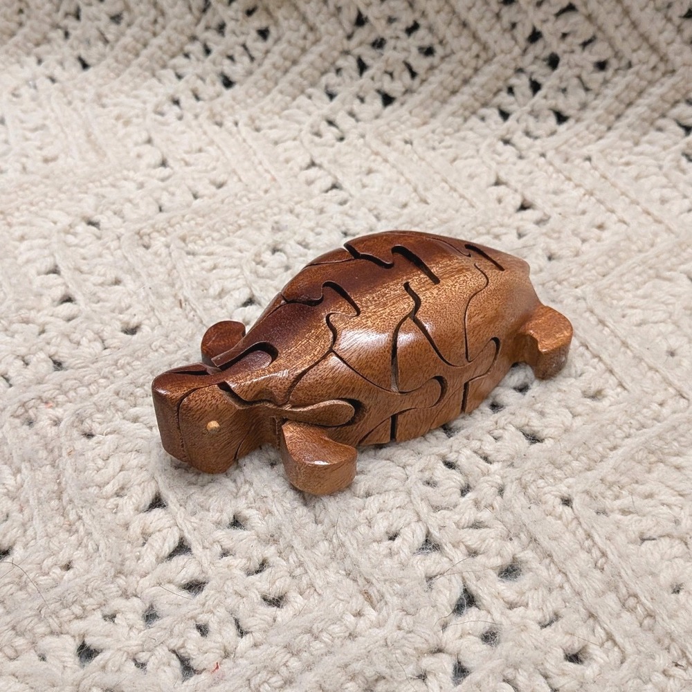 Vintage Hand Carved Wooden Turtle Puzzle Box 3D Animal Figurine Brown Wood